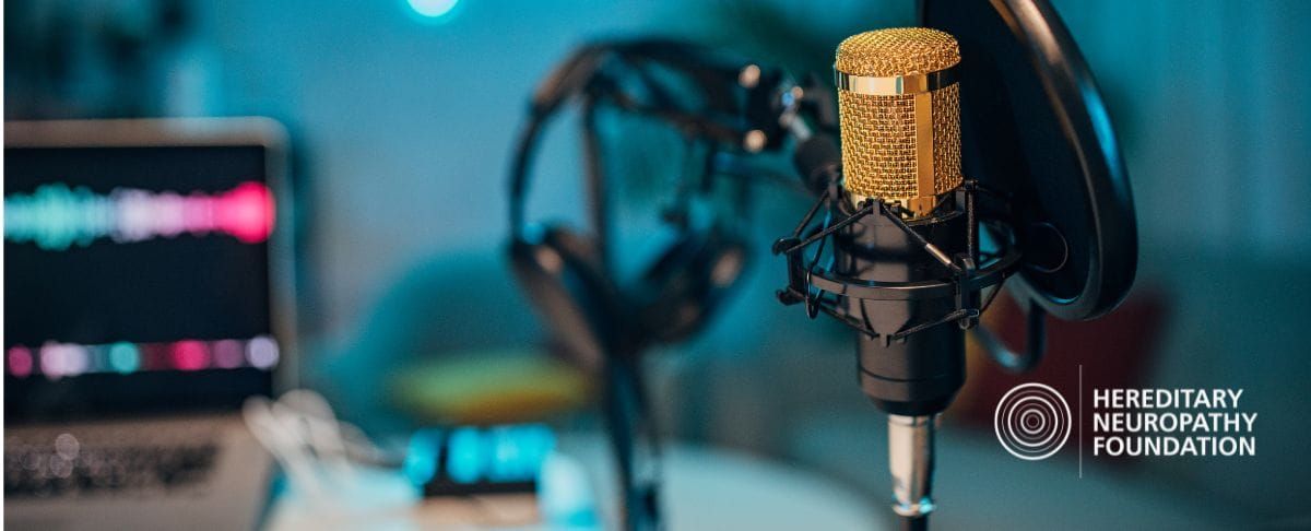 Professional studio microphone with headphones and laptop in blue-tinted recording setup. Hereditary Neuropathy Foundation logo visible.