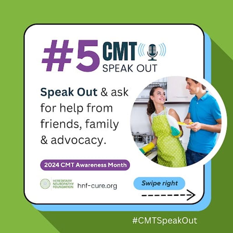 #5 CMT Speak Out poster showing two people in a kitchen with text "Speak Out & ask for help from friends, family & advocacy."