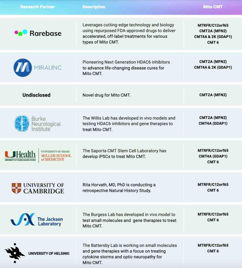 Table listing research partners, descriptions, and Mito CMT designations for disease treatment development.
