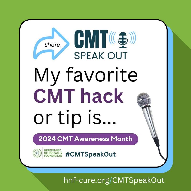 Póster de la campaña CMT Alce la voz, con micrófono y botón para compartir, para el Mes de Concientización sobre CMT de 2024.