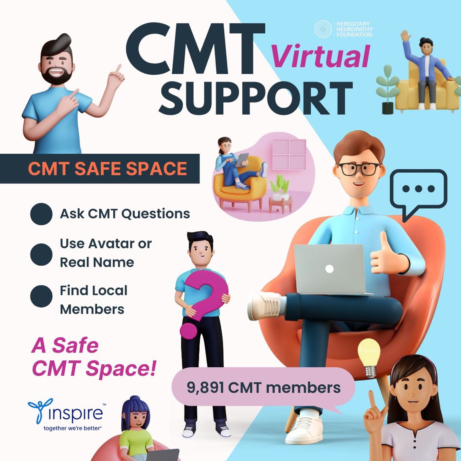 CMT Virtual Support infographic showing safe space guidelines with illustrated avatars and 9,891 members.
