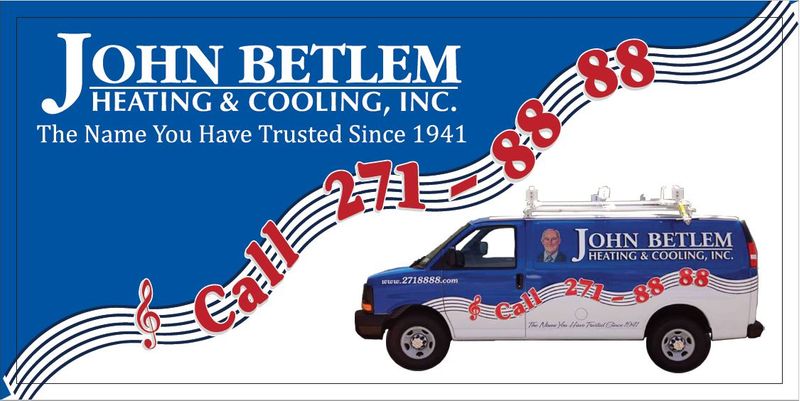 John Betlem Heating & Cooling service van with company logo and "The Name You Have Trusted Since 1941" tagline on blue background.