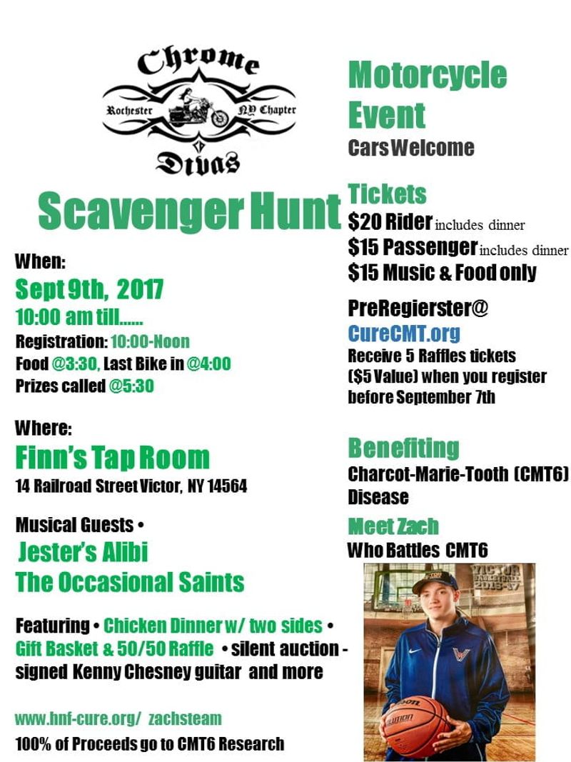 Chrome Motorcycle Event flyer for scavenger hunt benefiting CMTG disease research, September 9th, 2017.