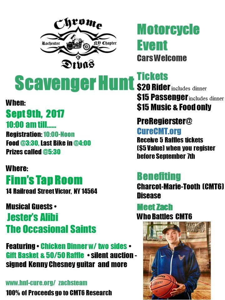 Folleto del evento de motocicletas Chrome para la búsqueda del tesoro, a beneficio de la investigación sobre la enfermedad CMTG, 9 de septiembre de 2017.