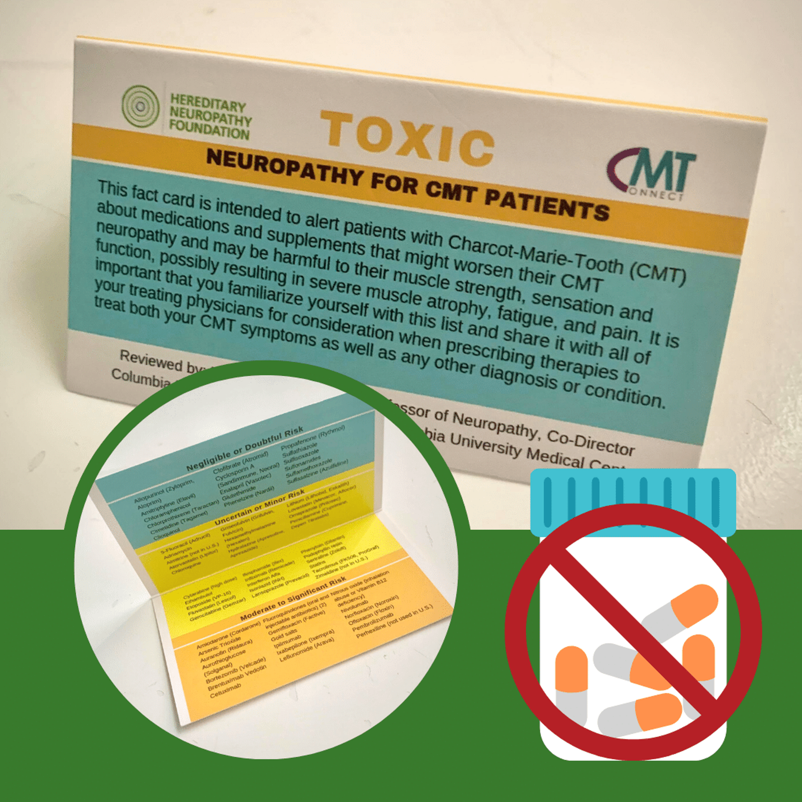 Educational fact card about toxic neuropathy for CMT patients with medication warning symbol