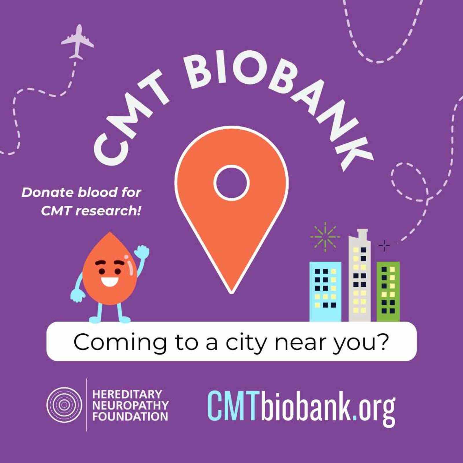 CMT Biobank purple promotional poster with location pin, buildings, and blood drop character advertising blood donation.