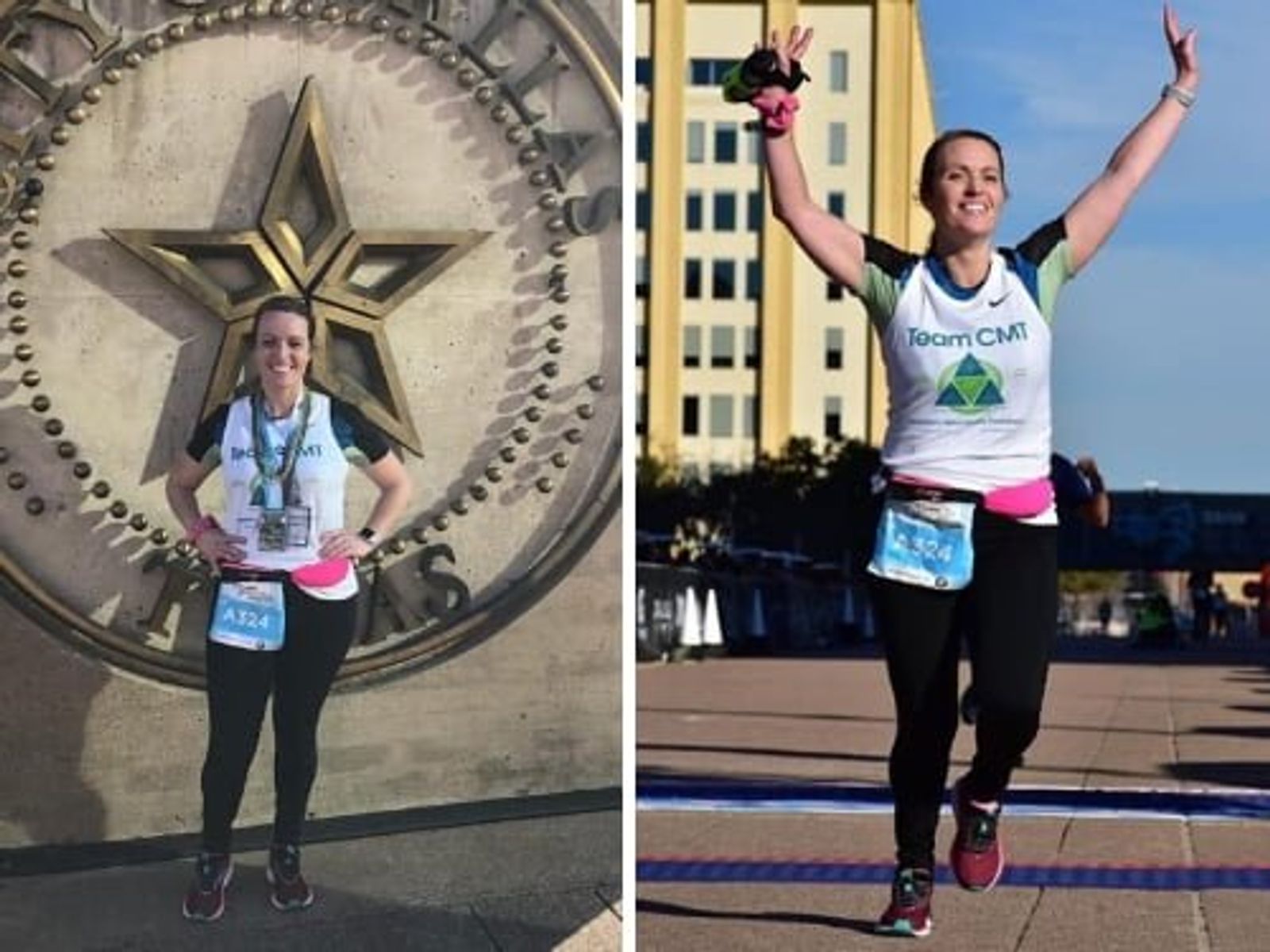 Corredora con un dorsal de Team CYAH en dos lugares al aire libre, uno junto a un gran monumento de estrella y otro celebrando con los brazos en alto.