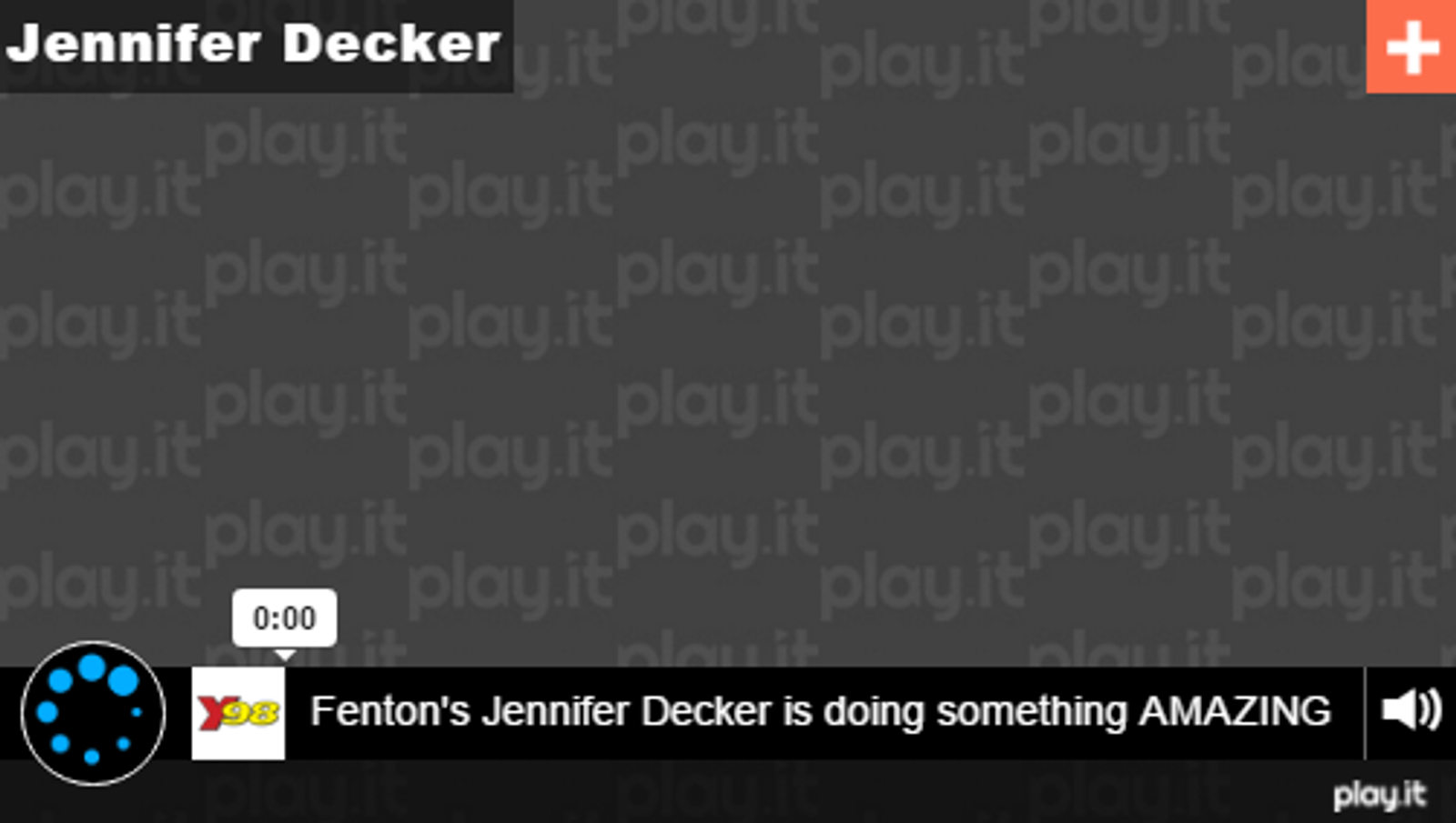Jennifer Decker name at top with Swiss flag; play.it video player showing "Fenton's Jennifer Decker is doing something AMAZING"
