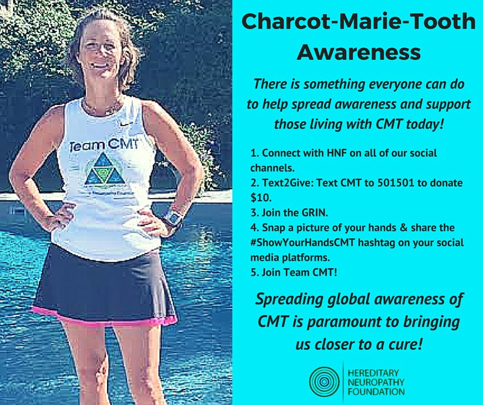 Woman wearing Team CMT shirt standing poolside with Charcot-Marie-Tooth Awareness information and donation instructions.