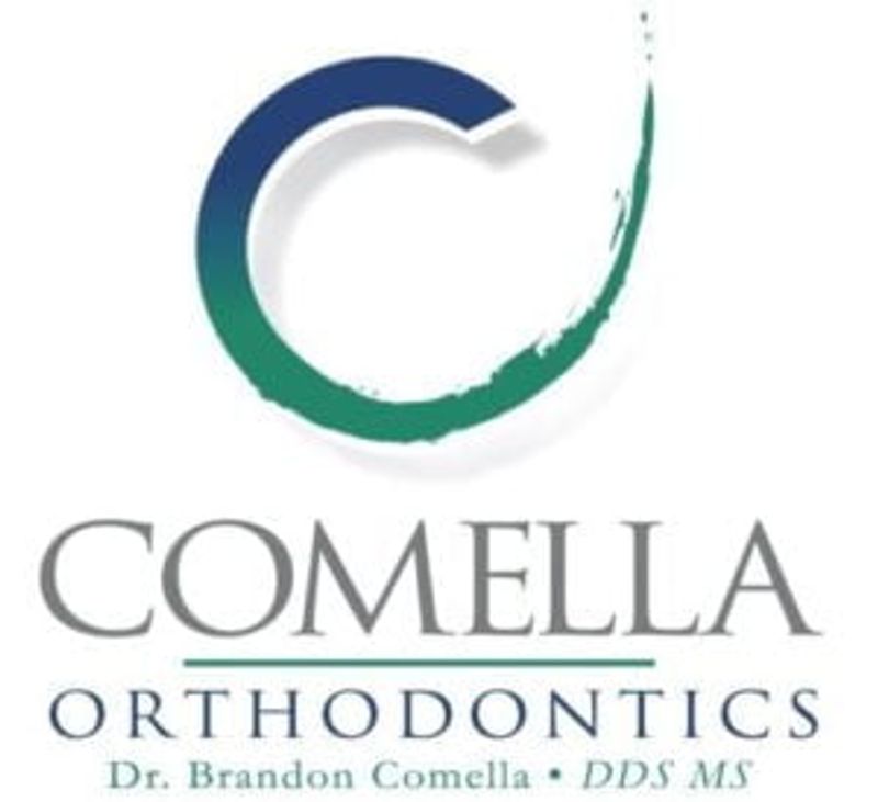Comella Orthodontics logo featuring blue-to-green curved design with Dr. Brandon Comella DDS MS text.