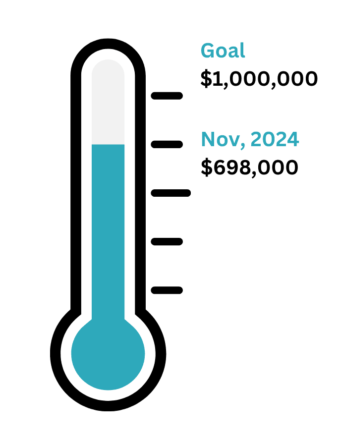 Thermometer showing fundraising progress of $698,000 toward $1,000,000 goal as of November 2024.