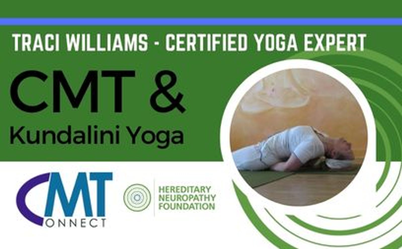 Traci Williams Certified Yoga Expert banner for CMT and Kundalini Yoga with feet in yoga pose.