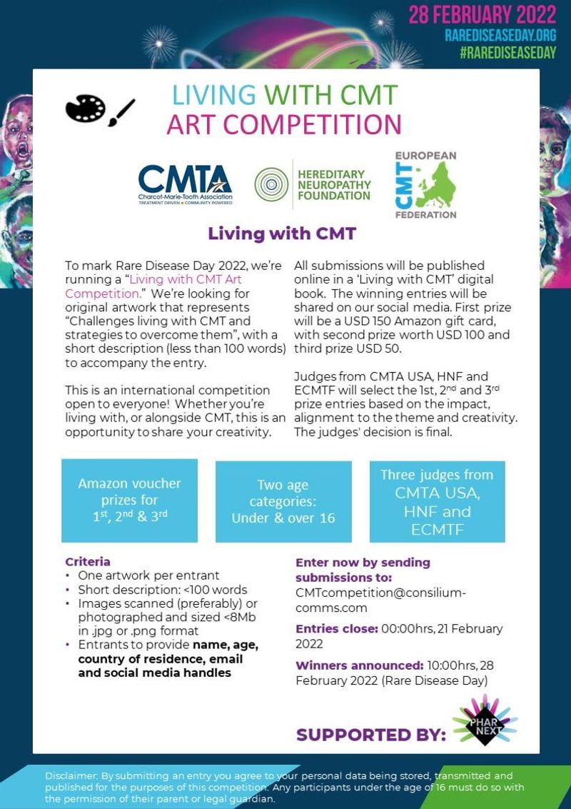 Poster for "Living with CMT Art Competition" on 28 February 2022 for Rare Disease Day