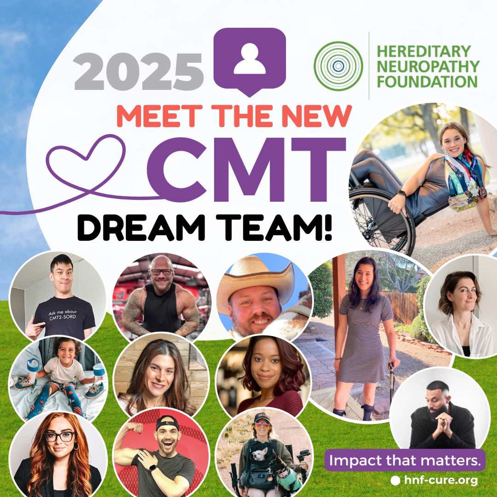 2025 Meet the New CMT Dream Team promotional graphic featuring Hereditary Neuropathy Foundation logo and twelve team member photos.