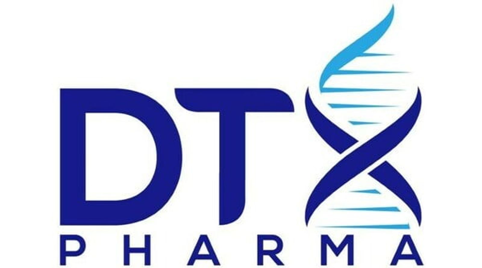 Logotipo de DT Pharma con diseño de doble hélice de ADN en colores azul oscuro y azul claro