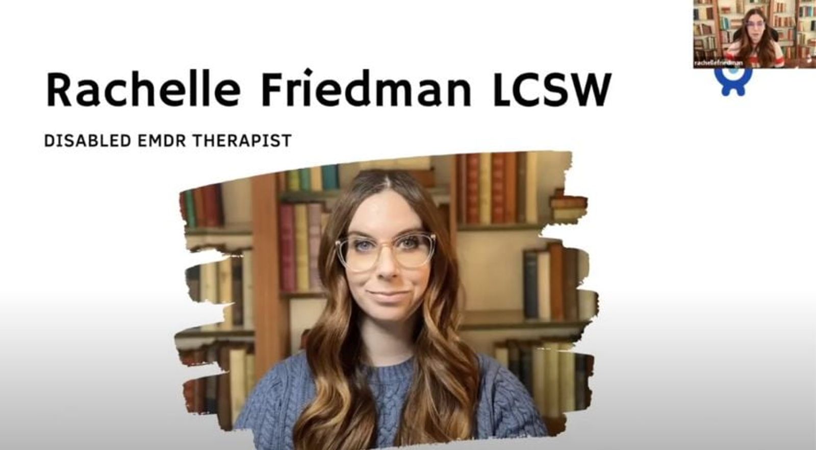 Rachelle Friedman LCSW, Disabled EMDR Therapist, professional headshot with bookshelf background.