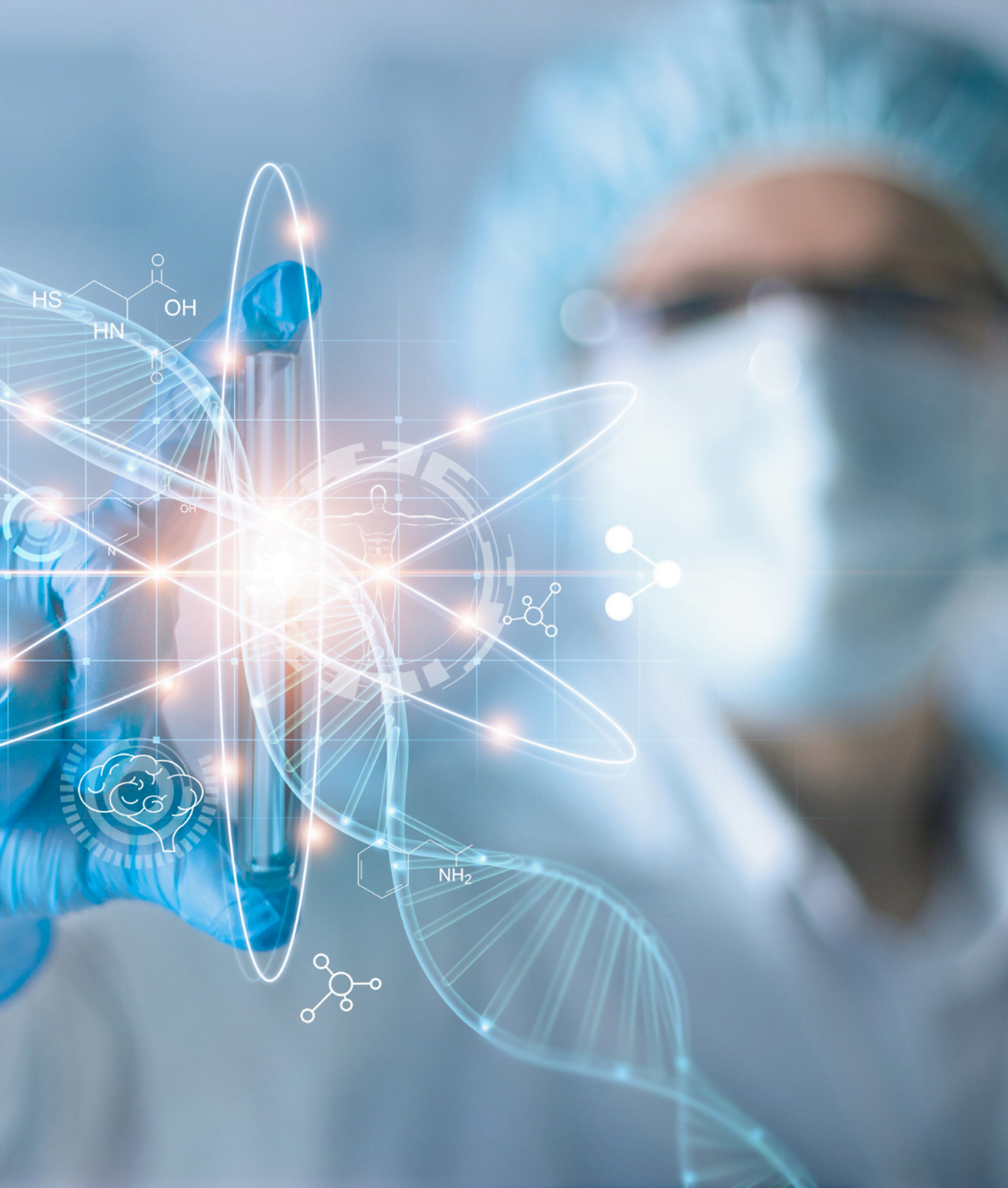 Scientist in protective gear holding glowing vial with molecular and atomic graphics overlay.