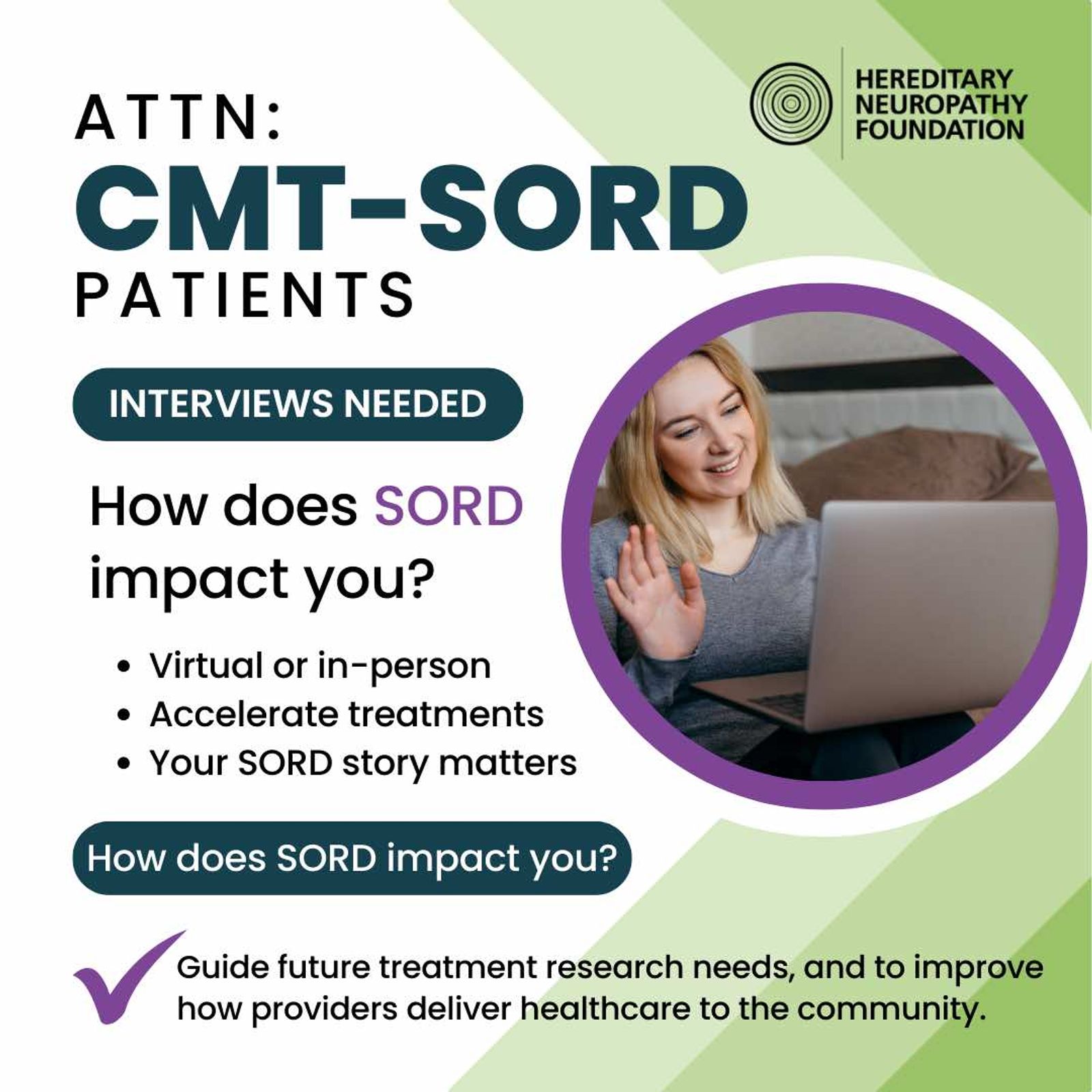 Folleto de reclutamiento para pacientes con CMT-SORD que busca participantes para entrevistas sobre el impacto de SORD en sus vidas.