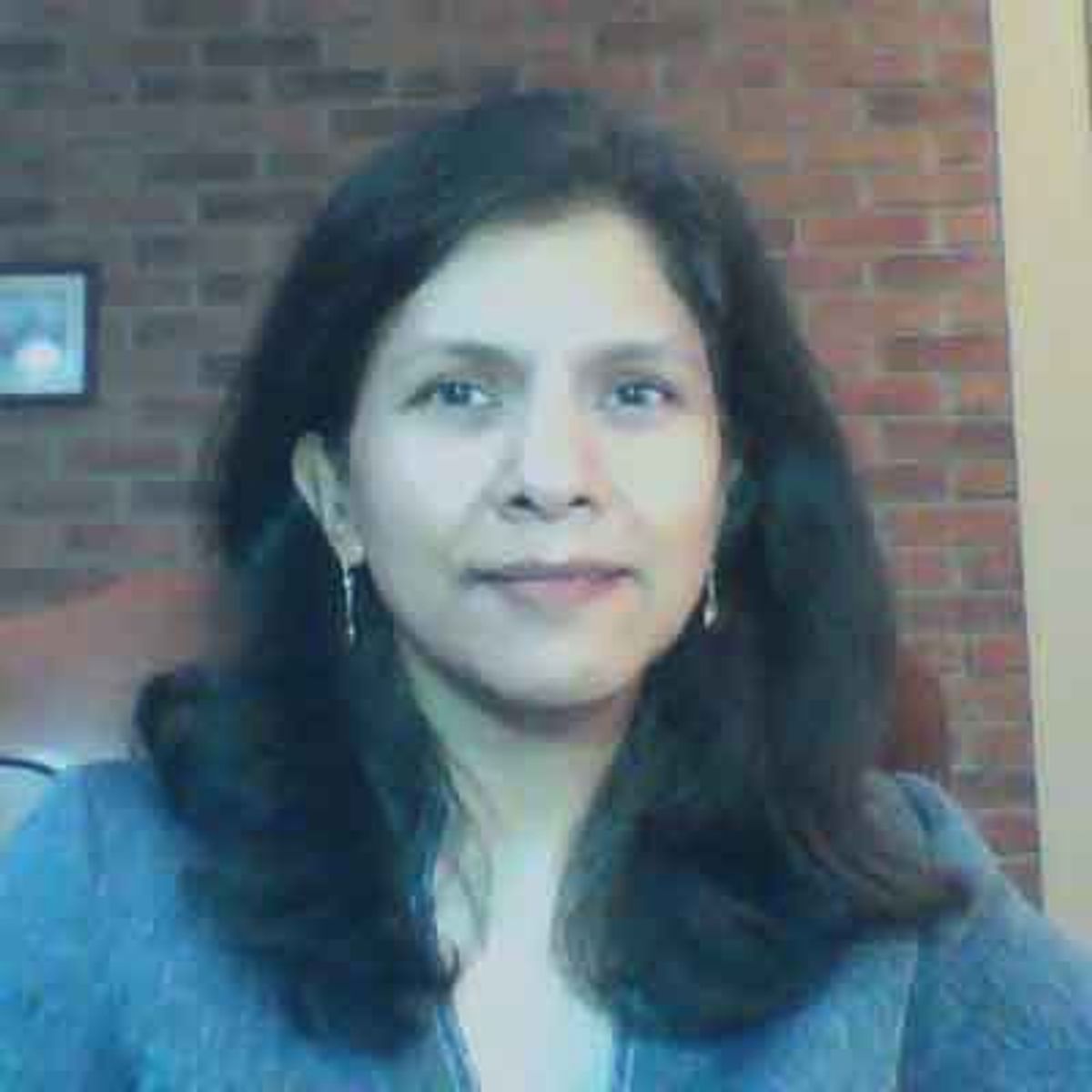 Mujer con cabello largo y oscuro, con camisa azul, frente a un fondo de pared de ladrillo.