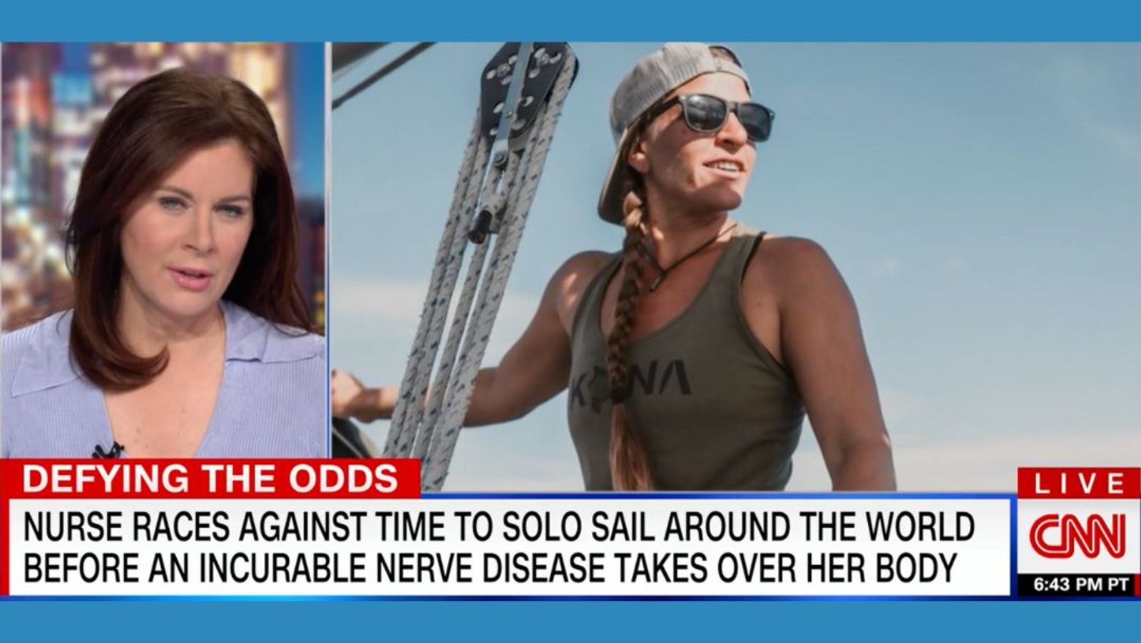 CNN news broadcast: nurse solo sailing around world before incurable nerve disease progresses.