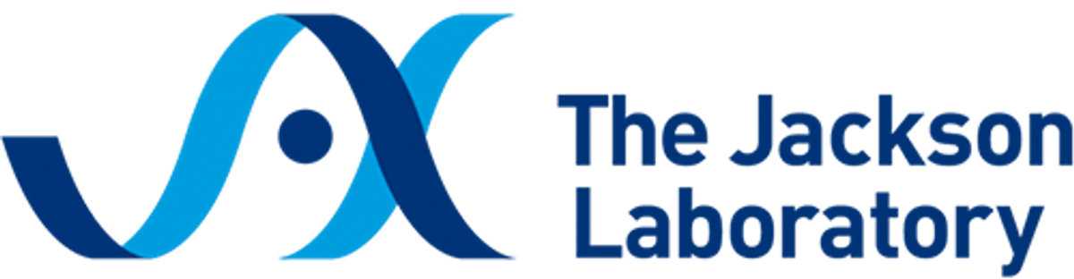 Logotipo de The Jackson Laboratory con una hélice de ADN estilizada azul y texto.