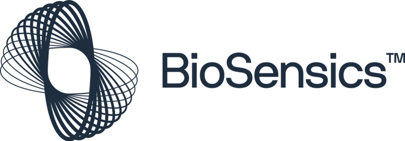 Logotipo de BioSensics con patrón circular geométrico y nombre de la empresa en texto azul oscuro