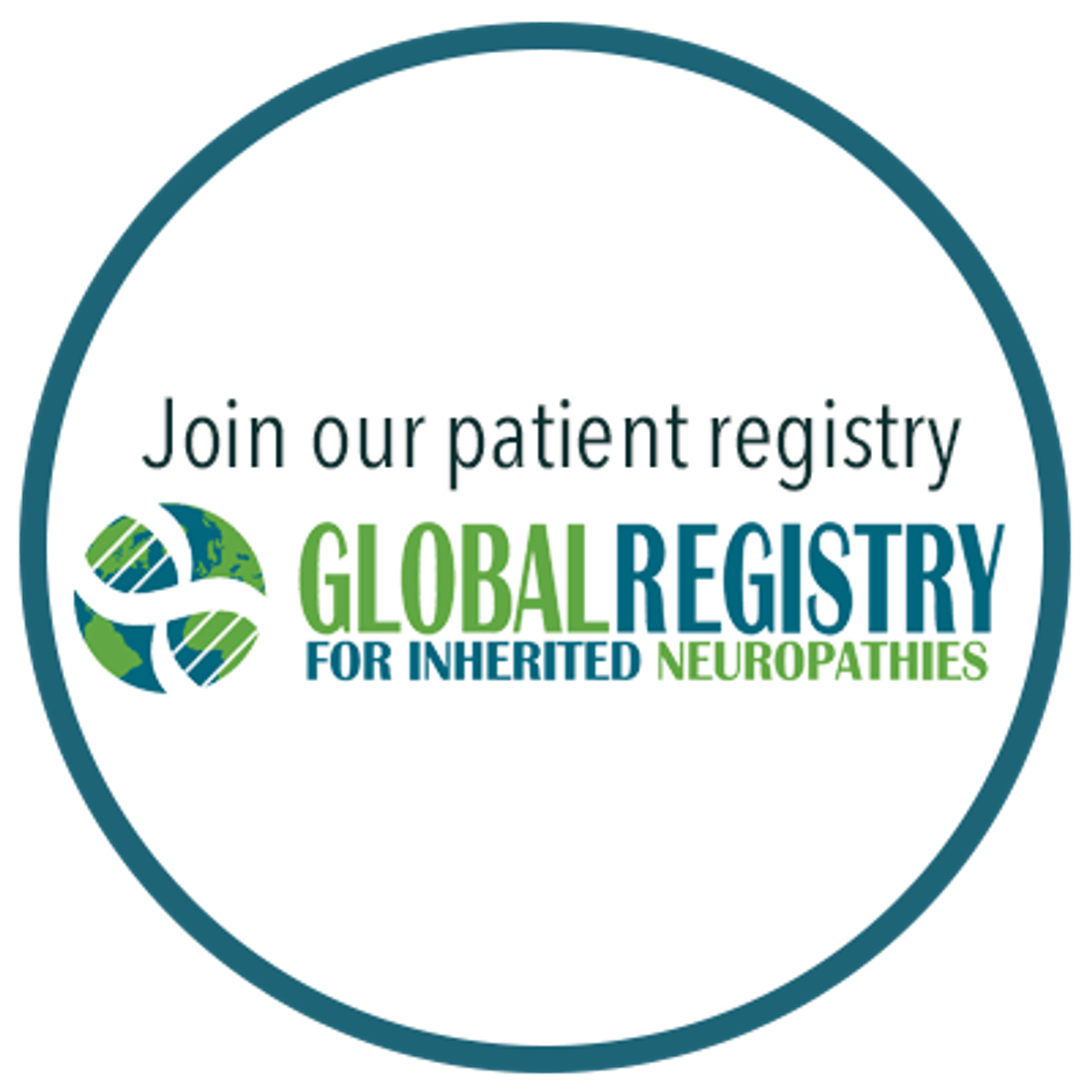 Circular badge with teal border displaying "Join our patient registry" and "Global Registry for Inherited Neuropathies" logo.