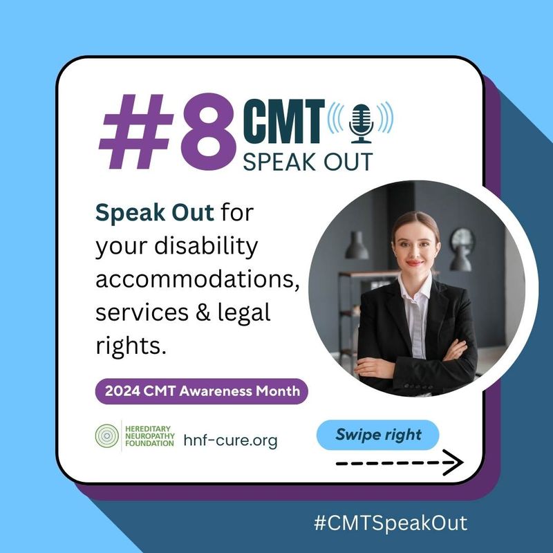 #8 CMT Speak Out campaign card featuring woman in business attire, promoting disability rights awareness.