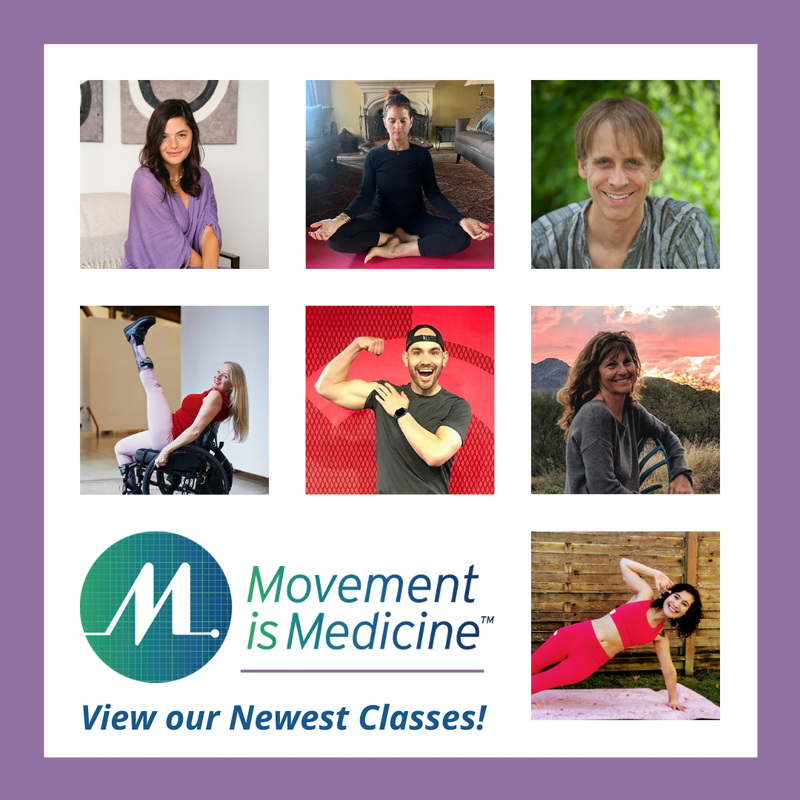 Movement is Medicine logo with "View our Newest Classes!" and grid of six instructors in various poses.
