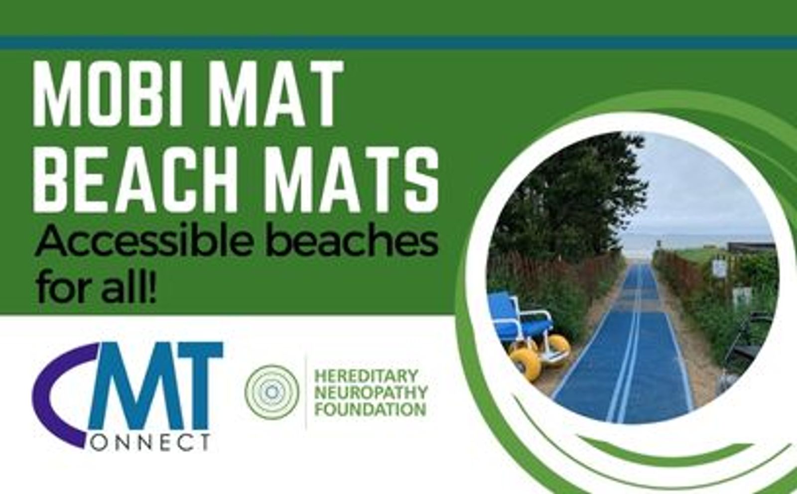 Banner promocional de MOBI MAT BEACH MATS que muestra un sendero accesible en la playa con los logotipos de CMT Connect y Hereditary Neuropathy Foundation.
