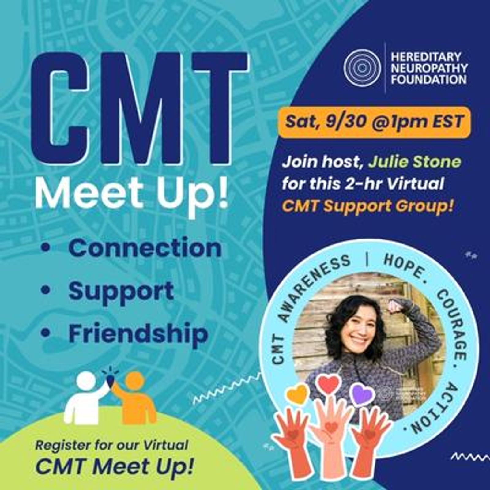 CMT Meet Up virtual support group flyer hosted by Julie Stone, Saturday 9/30 at 1pm EST.
