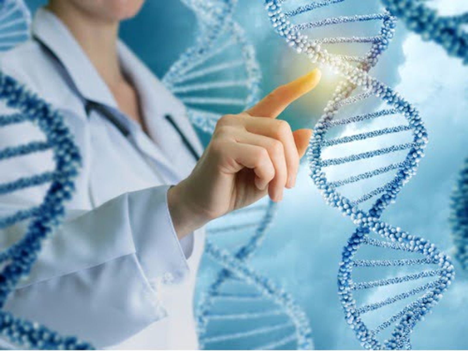 Scientist in white coat pointing at glowing DNA helix strands on blue background.