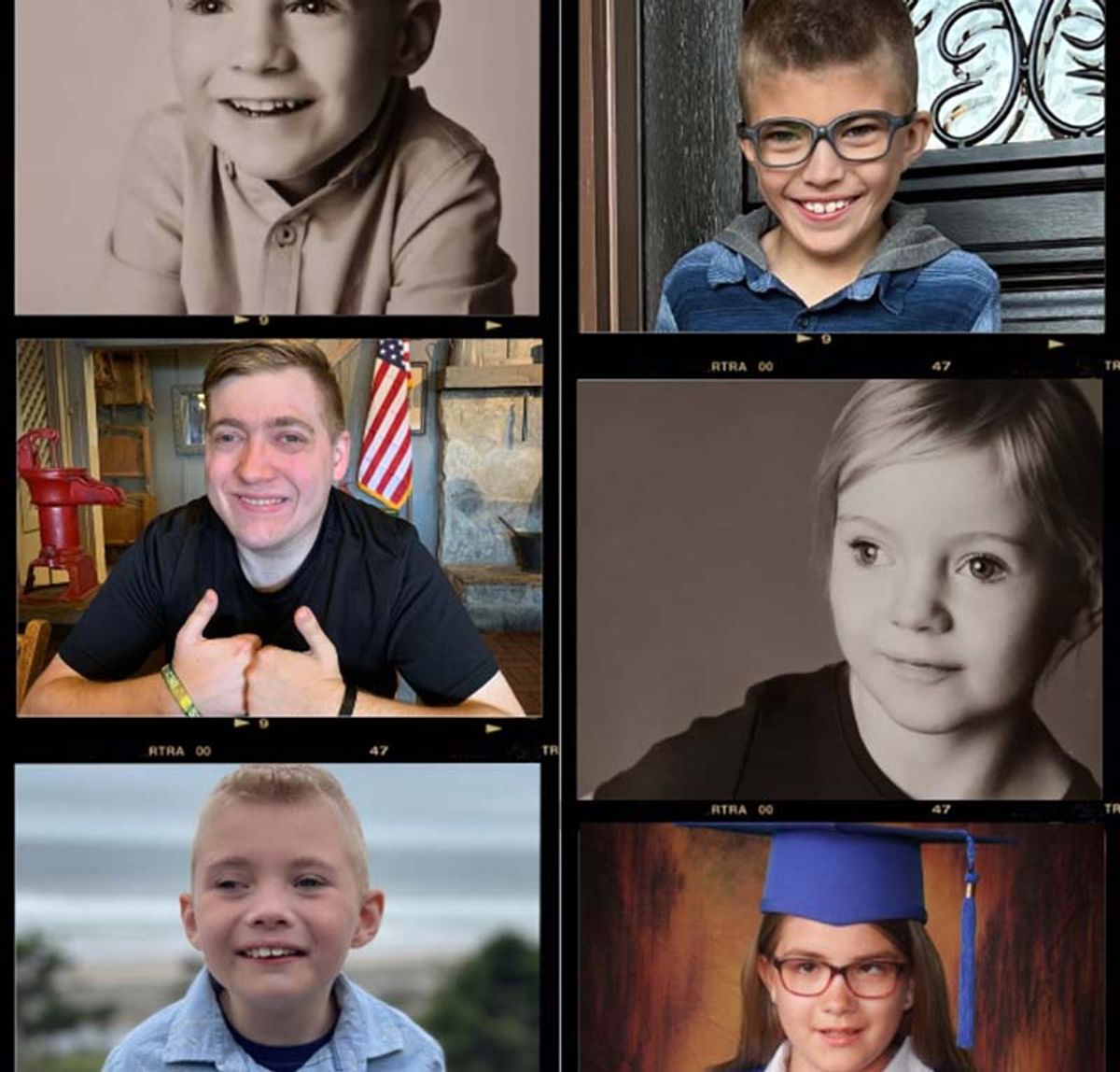 Six portrait photographs arranged in a grid showing children and young adults at various ages.