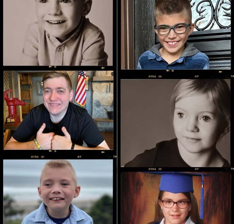 Six portrait photographs arranged in a grid showing children and young adults at various ages.