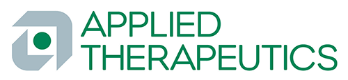 Logotipo de Applied Therapeutics con forma geométrica gris y texto verde con el nombre de la empresa.