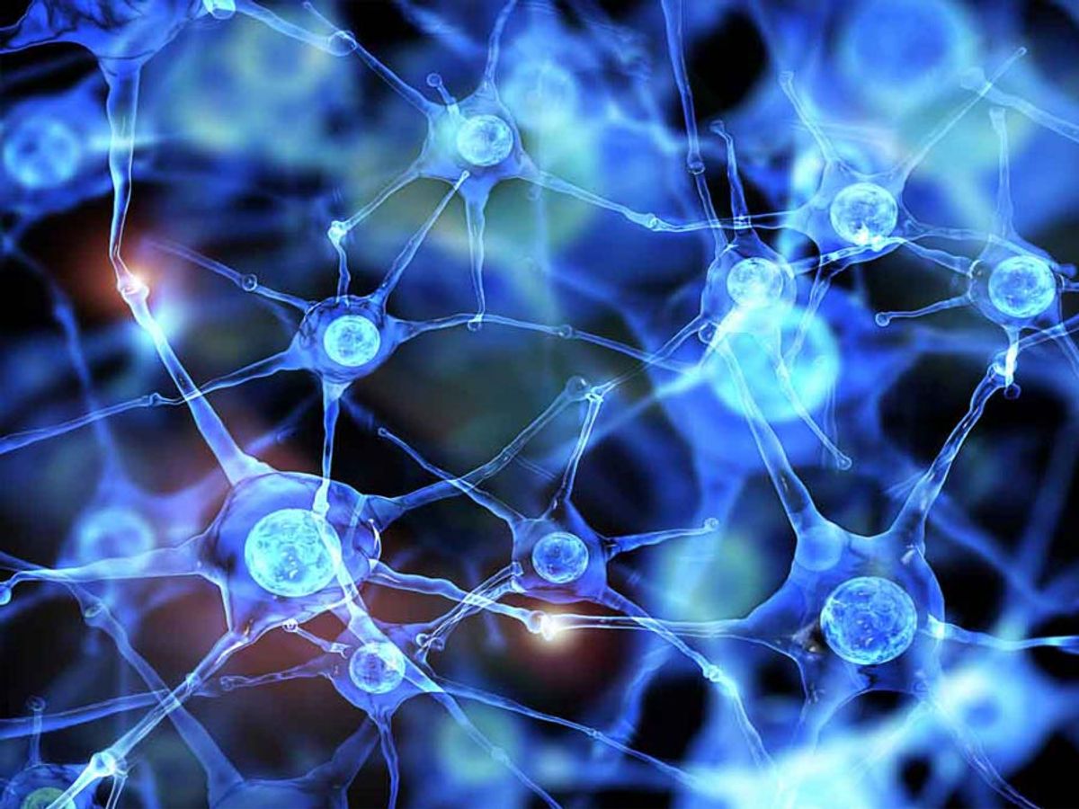 Blue glowing neural network nodes connected by luminescent pathways against dark background.
