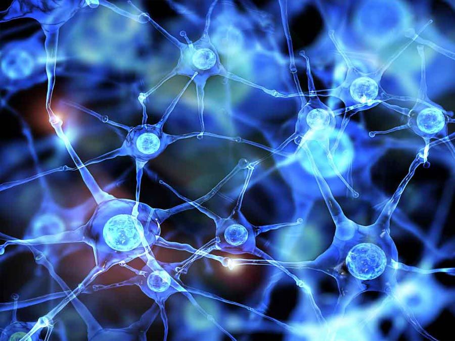 Blue glowing neural network nodes connected by luminescent pathways against dark background.