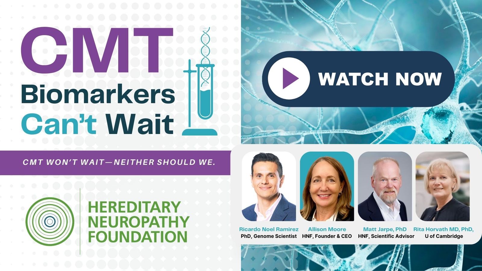 CMT Biomarkers Can't Wait campaign banner with watch now button and four expert speakers displayed.
