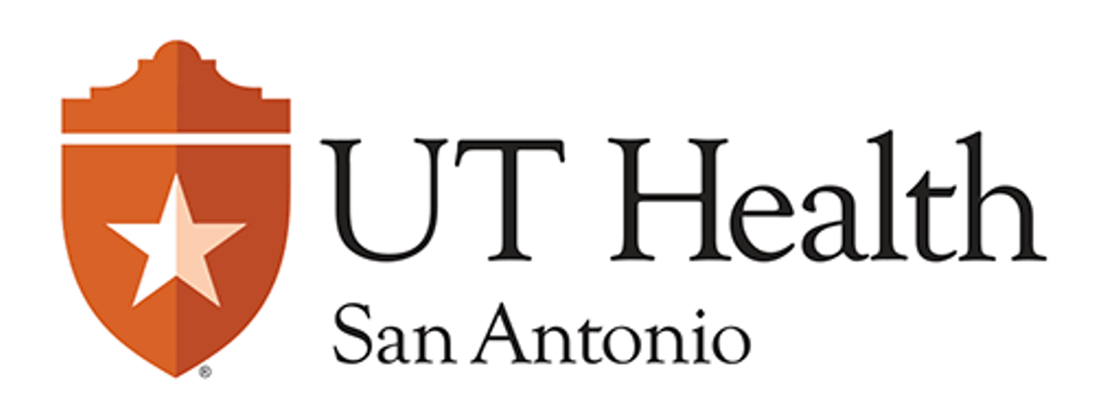 Logotipo de UT Health San Antonio con escudo naranja, estrella blanca y texto negro.
