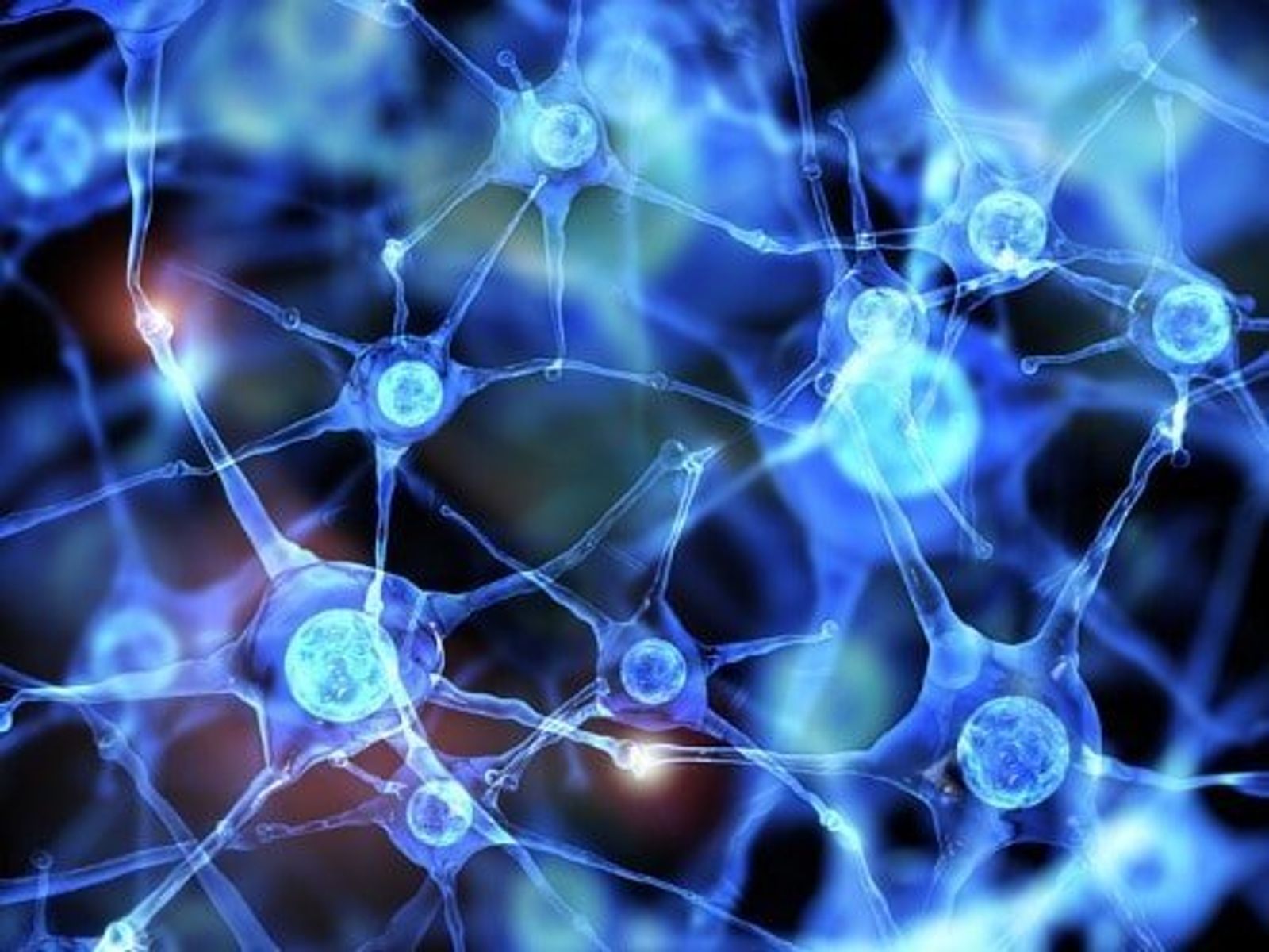 Blue glowing neural network nodes connected by luminescent pathways on dark background.