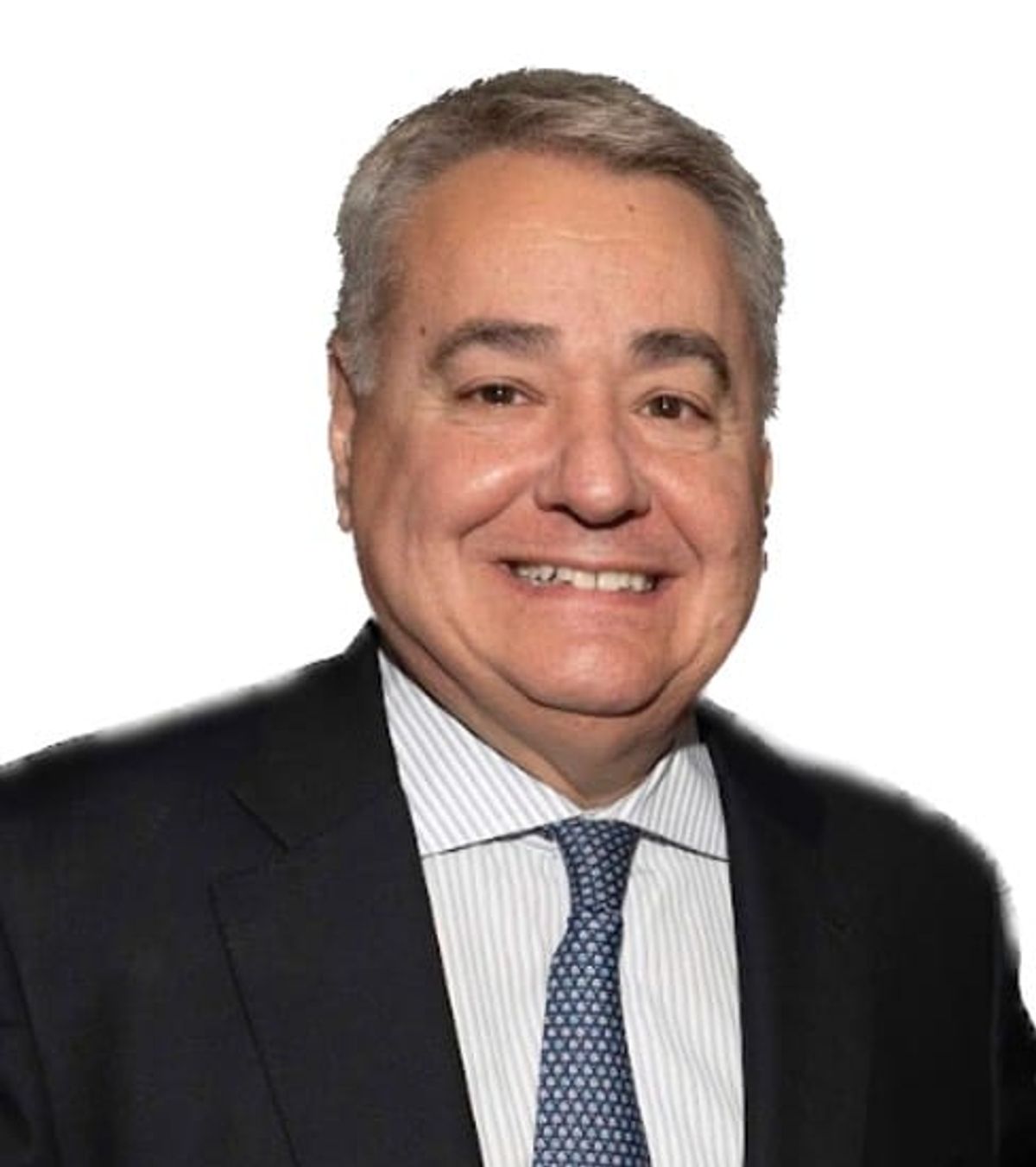 Professional headshot of middle-aged man in dark suit, light striped shirt, and blue tie against white background.