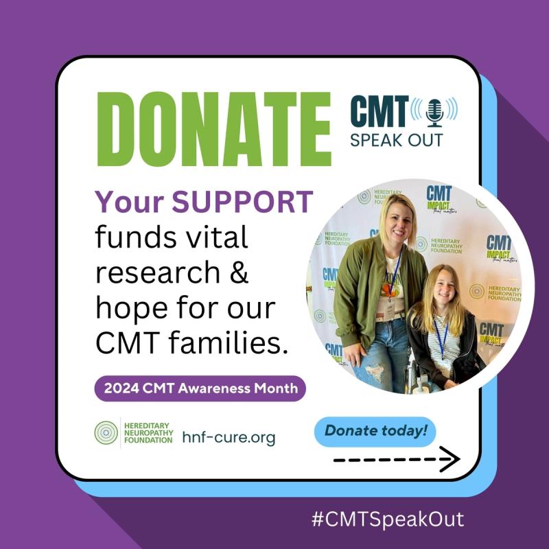 CMT Speak Out donation campaign poster with two people and purple background, #CMTSpeakOut hashtag