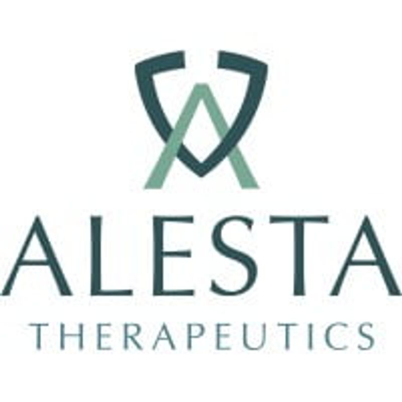 Logotipo de Alesta Therapeutics con escudo estilizado y símbolo de cruz en verde azulado y verde.