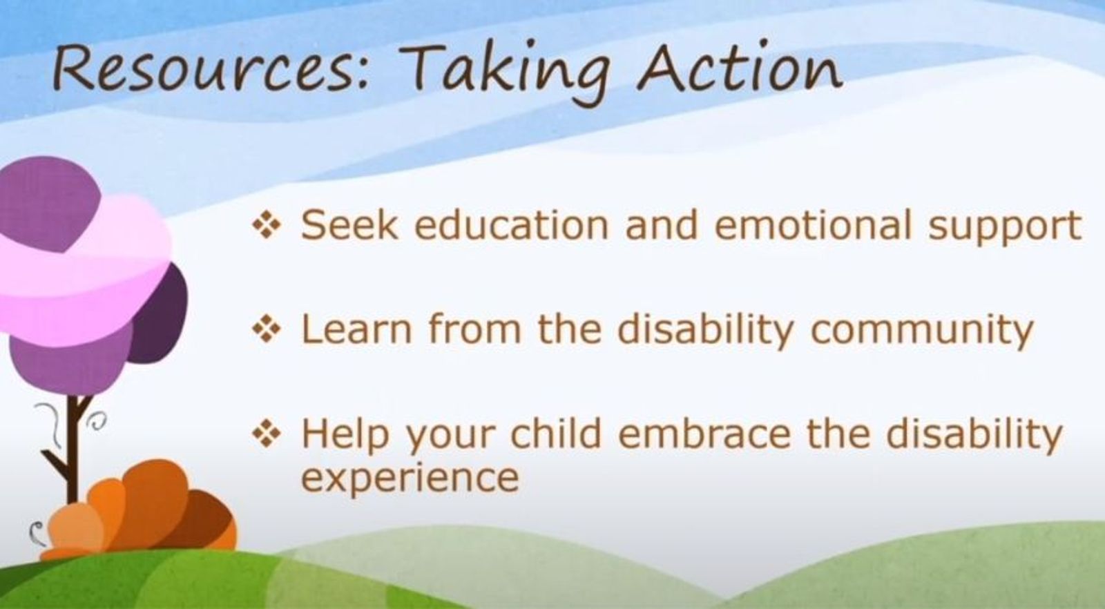 Resources: Taking Action slide with three bullet points and landscape illustration with tree and flowers.