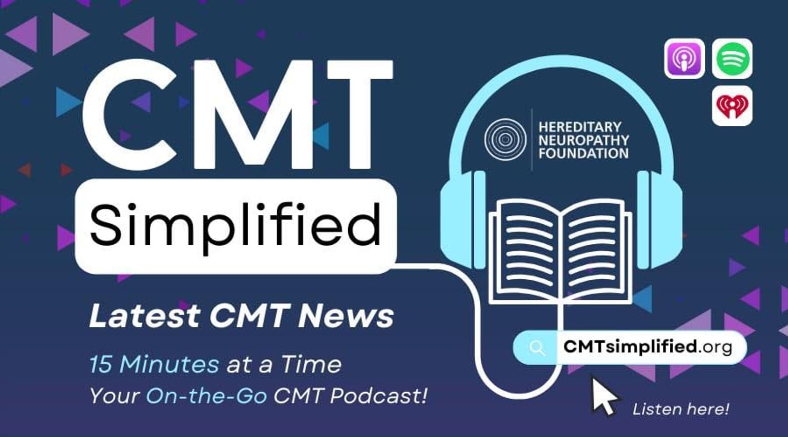CMT Simplified podcast promotional graphic with headphones, book, and Hereditary Neuropathy Foundation branding.