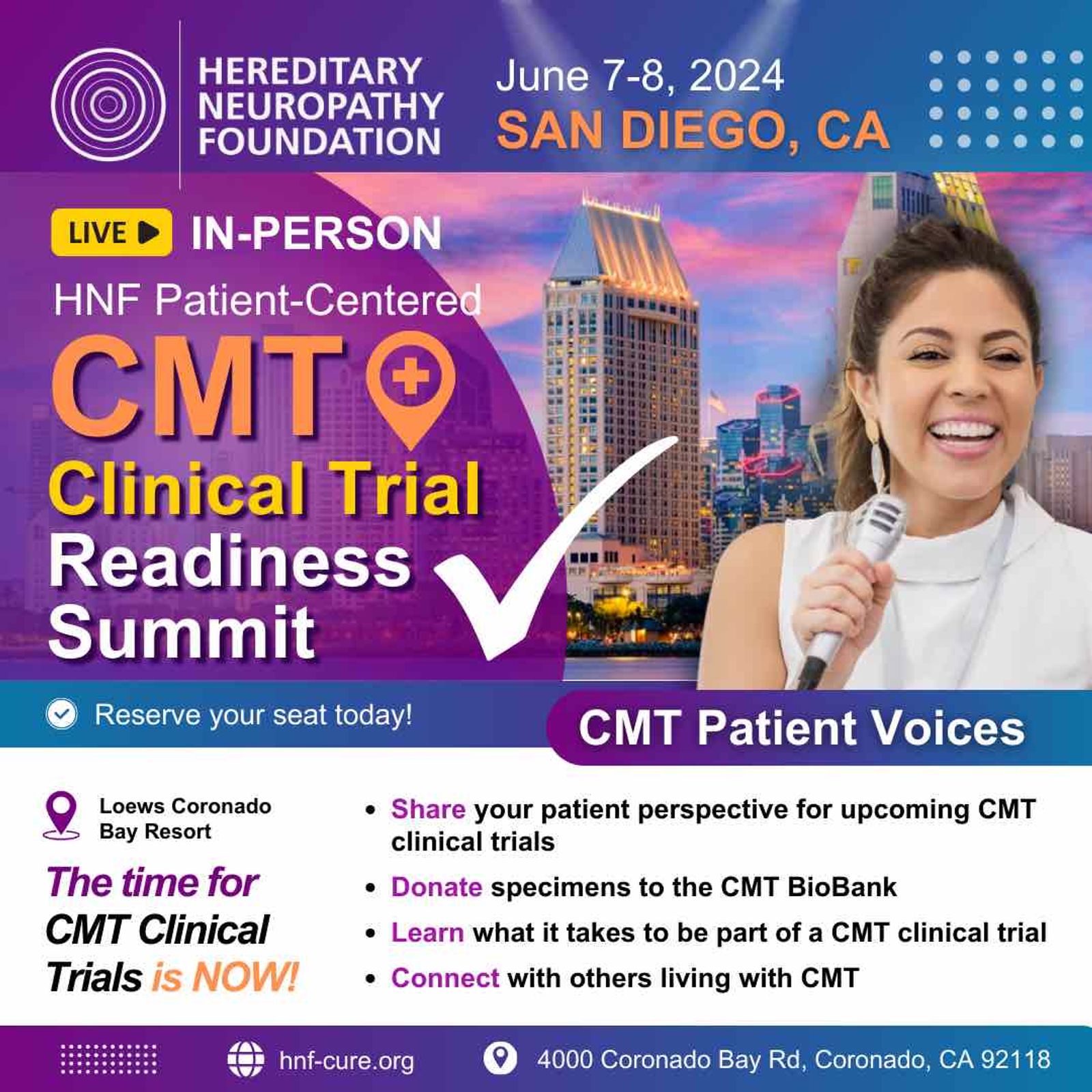Folleto promocional de la Cumbre de Preparación para Ensayos Clínicos Hereditary Neuropathy Foundation CMT para el 7 y 8 de junio de 2024 en San Diego, CA.