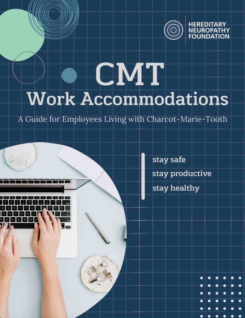 CMT Work Accommodations guide cover by Hereditary Neuropathy Foundation featuring laptop and workspace setup