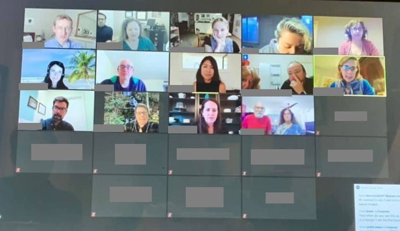 Video conference grid showing 20+ participants in virtual meeting on screen display.