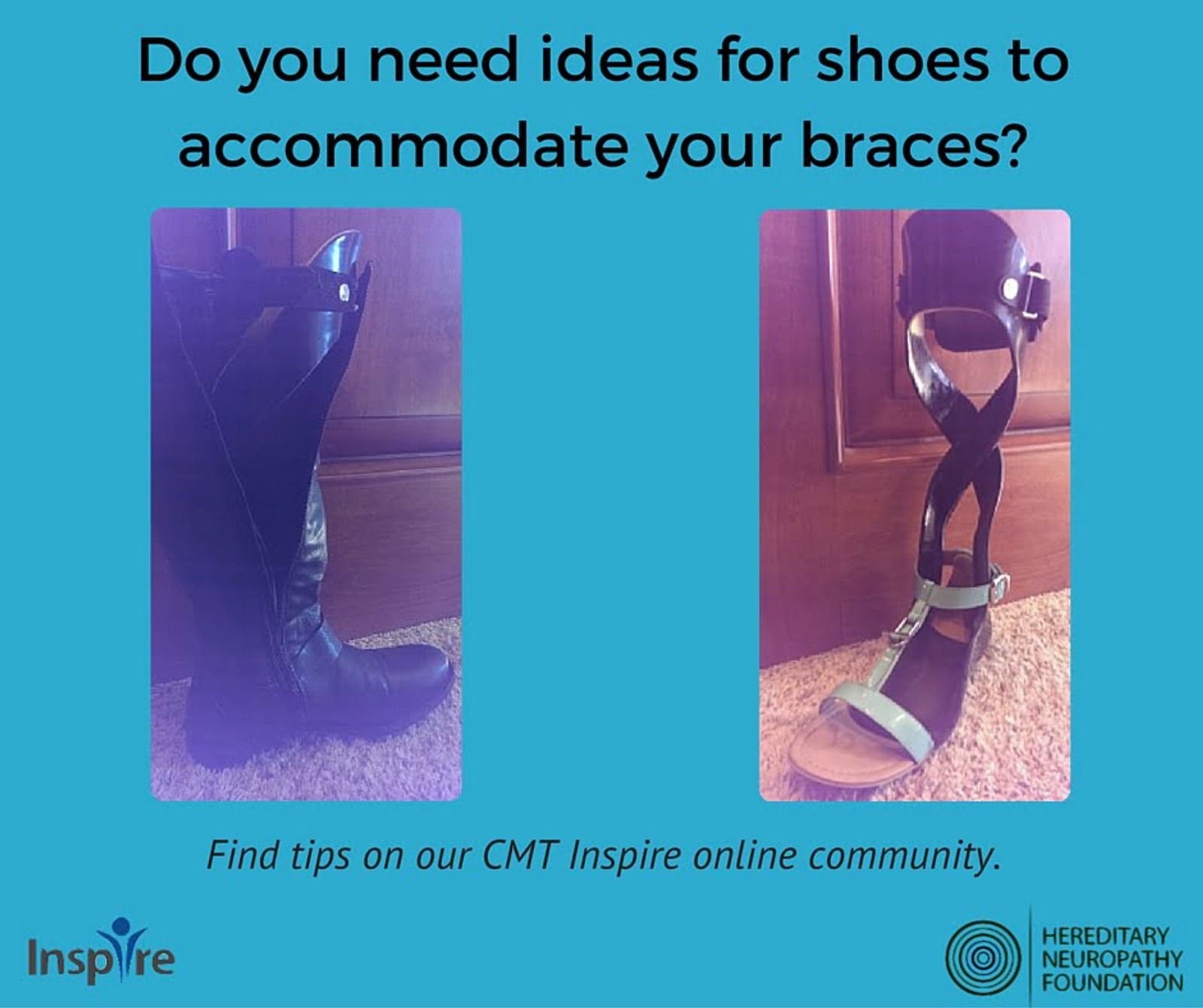 Two shoes accommodating leg braces shown side-by-side with text "Do you need ideas for shoes to accommodate your braces?"