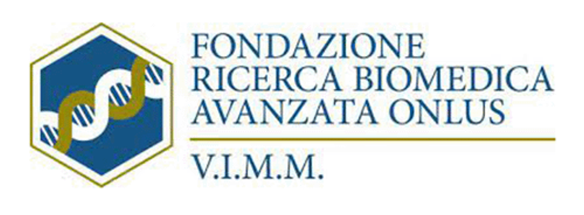 Logo for Fondazione Ricerca Biomedica Avanzata ONLUS V.I.M.M. with hexagonal emblem containing DNA helix.